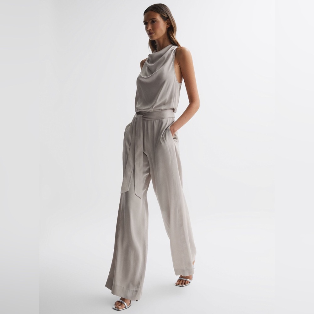 Reiss Rose Sleeveless Cowl Neck Jumpsuit Size 8 Neutral/Light Gray NWT - Picture 3 of 16